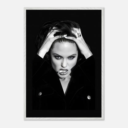 Angelina Jolie Vintage Framed Print showcasing bold charisma in black-and-white, perfect for Hollywood glamor enthusiasts.