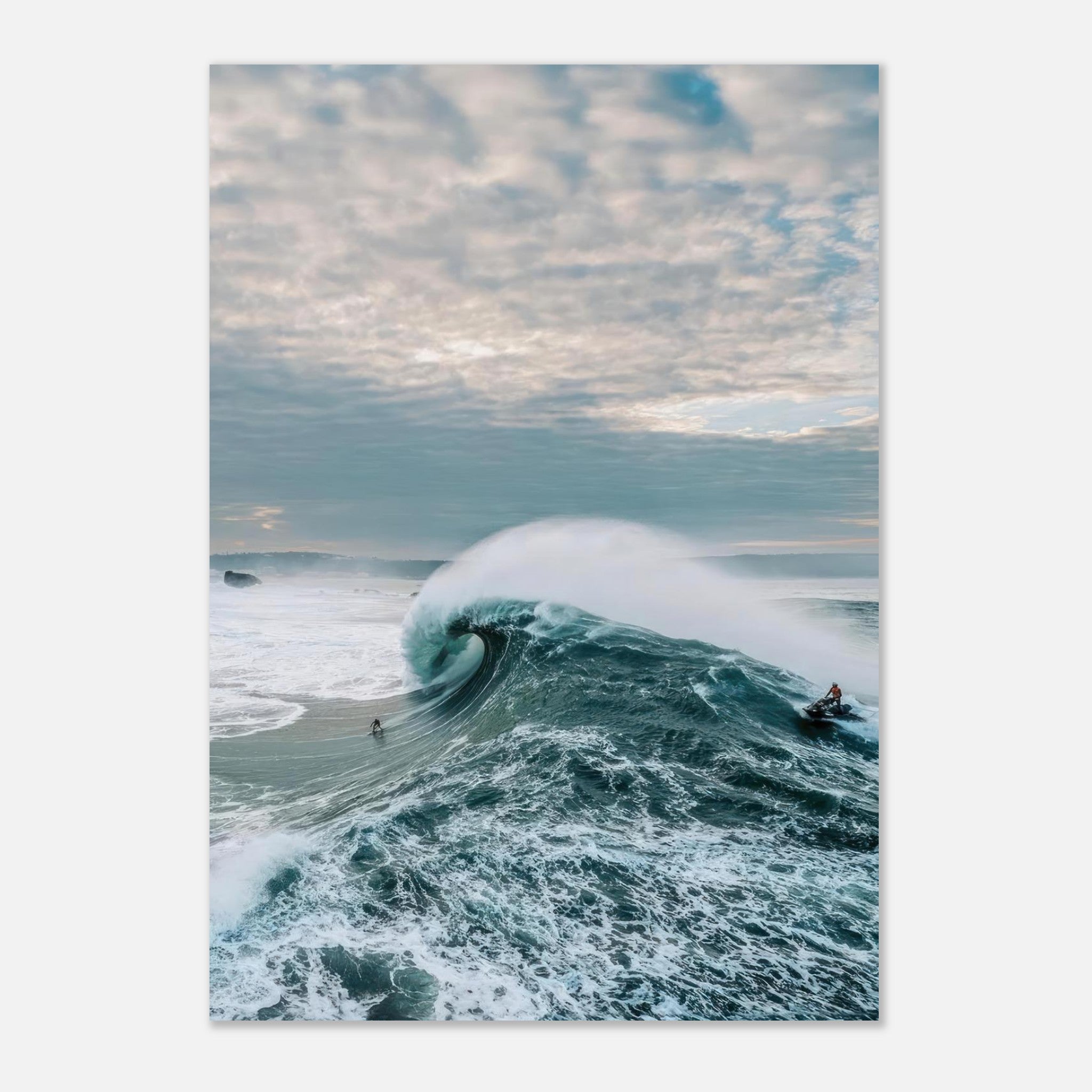 Stunning Big Wave Surfing Poster showcasing a fearless surfer riding a massive wave in vibrant ocean colors.