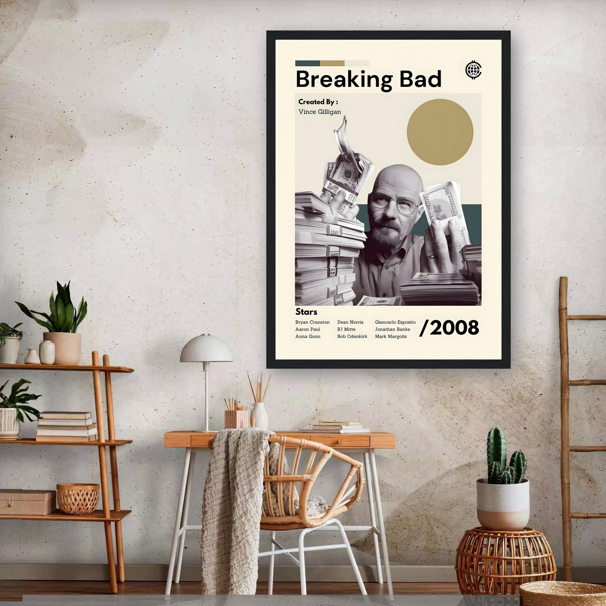 Framed print of Breaking Bad featuring Walter White, showcasing iconic artwork in a modern interior setting.