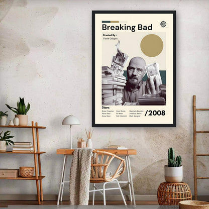 Framed print of Breaking Bad featuring Walter White, showcasing iconic artwork in a modern interior setting.