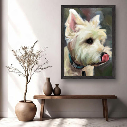 Westie dog painting vintage framed print showcasing a playful West Highland White Terrier in a stylish interior.